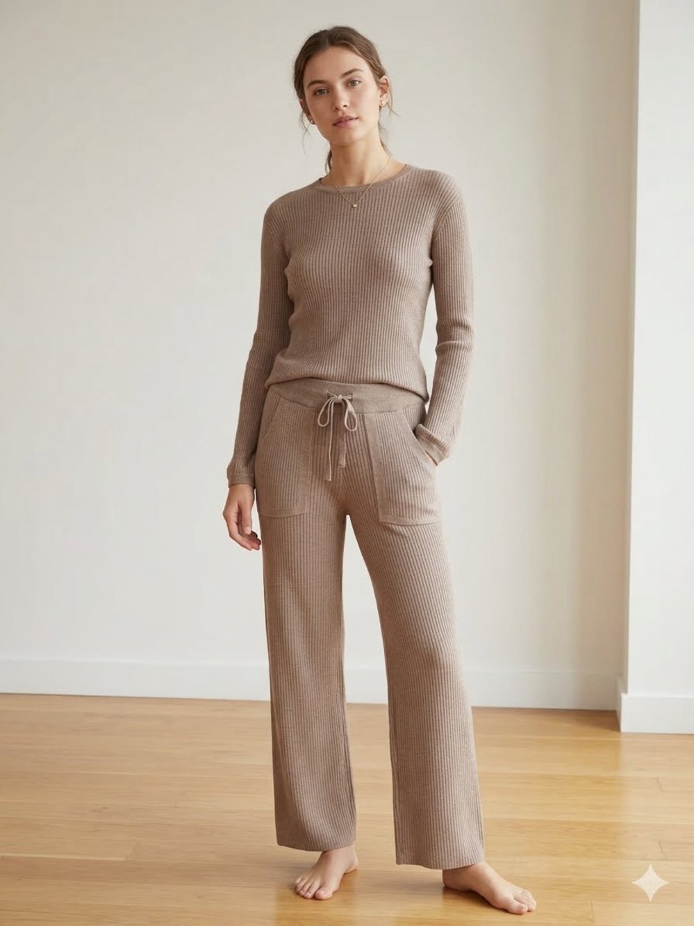 Splendid Ribbed Wide-Leg Knit Pants - Taupe